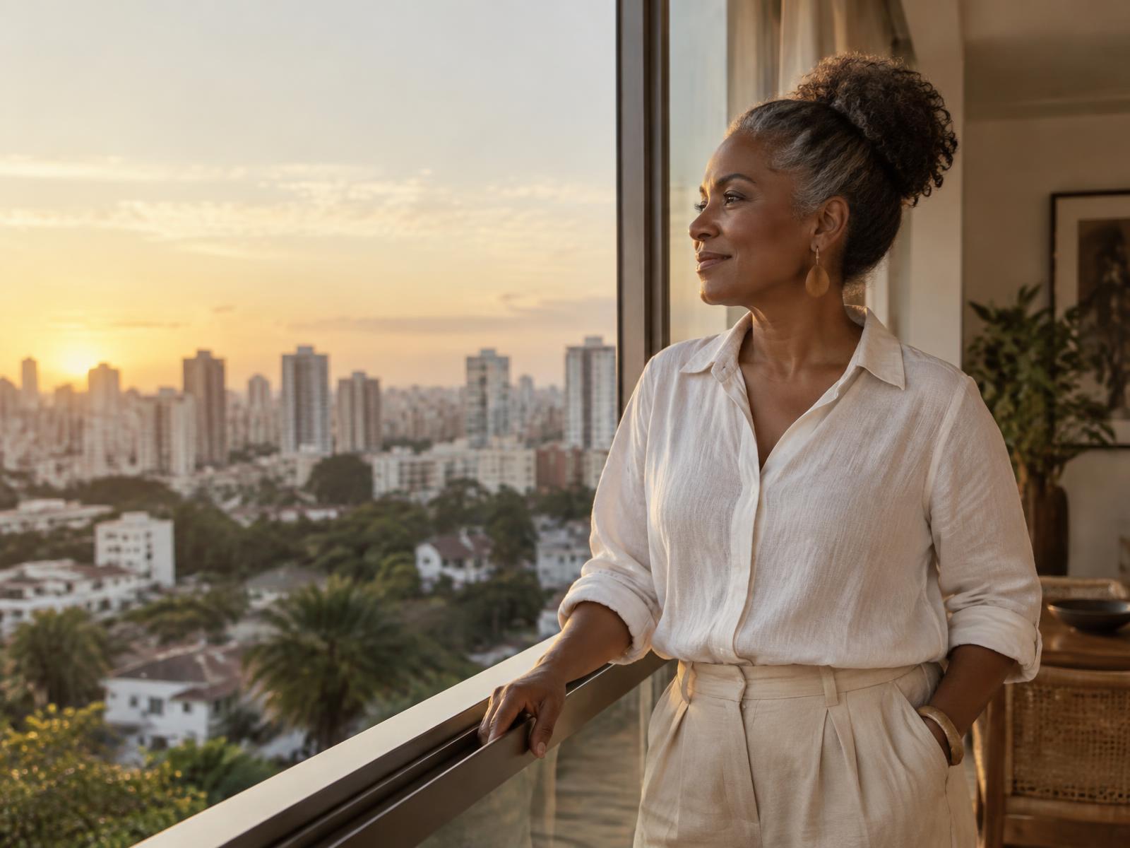 Mulher madura observa a cidade de sua casa